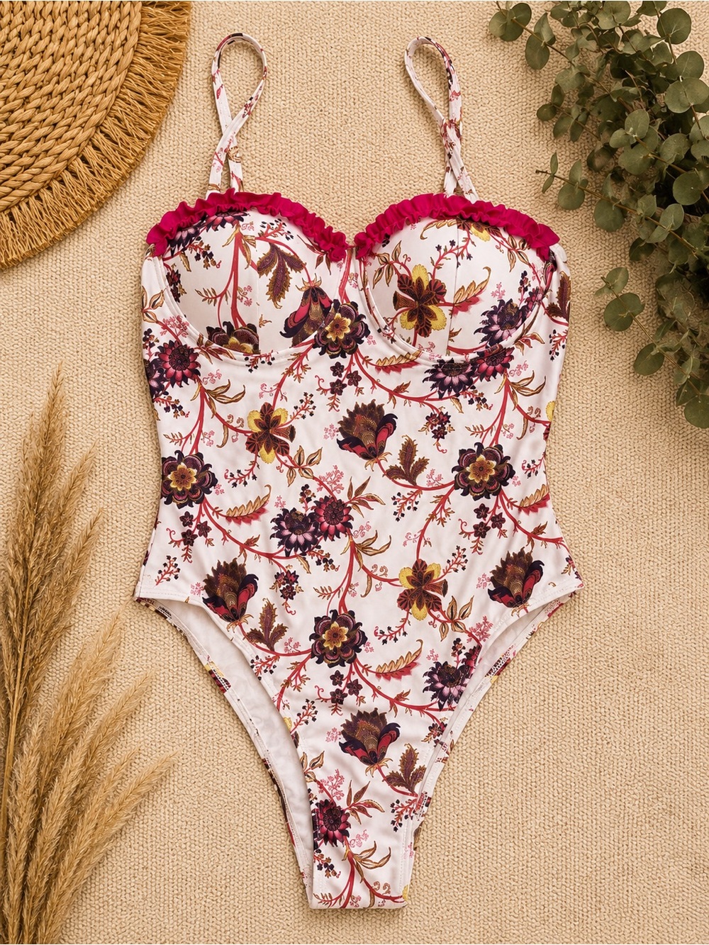 SHEIN White Floral One-Piece Swimsuit with Pink Trim